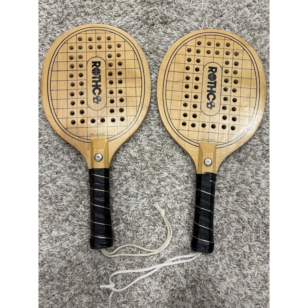 2 Vintage Paddleball Paddles Vantage Rothco Tennis Wood Rackets Beach Ball